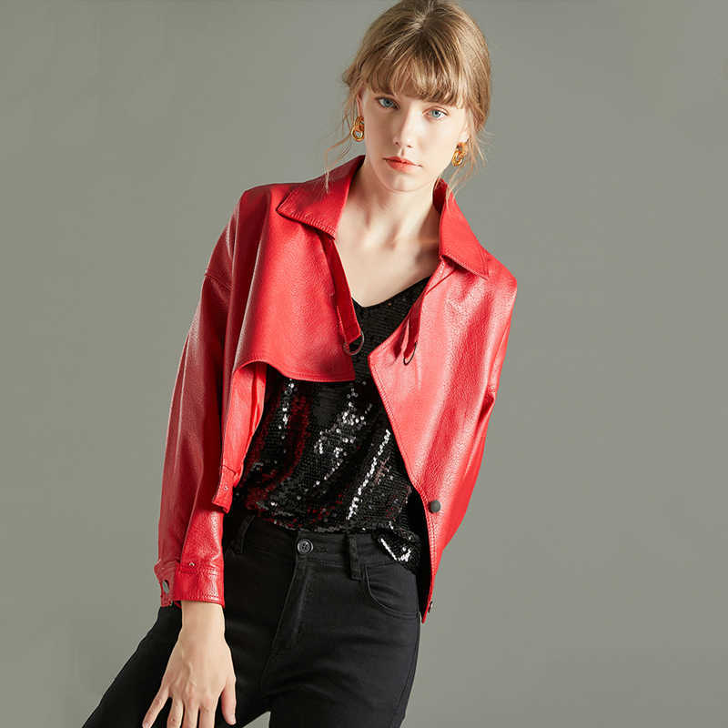 LY VAREY LIN Autumn Women Faux Leather Jacket Loose Turndown Collar Single Breasted Short Coat Pu Red Biker 210526