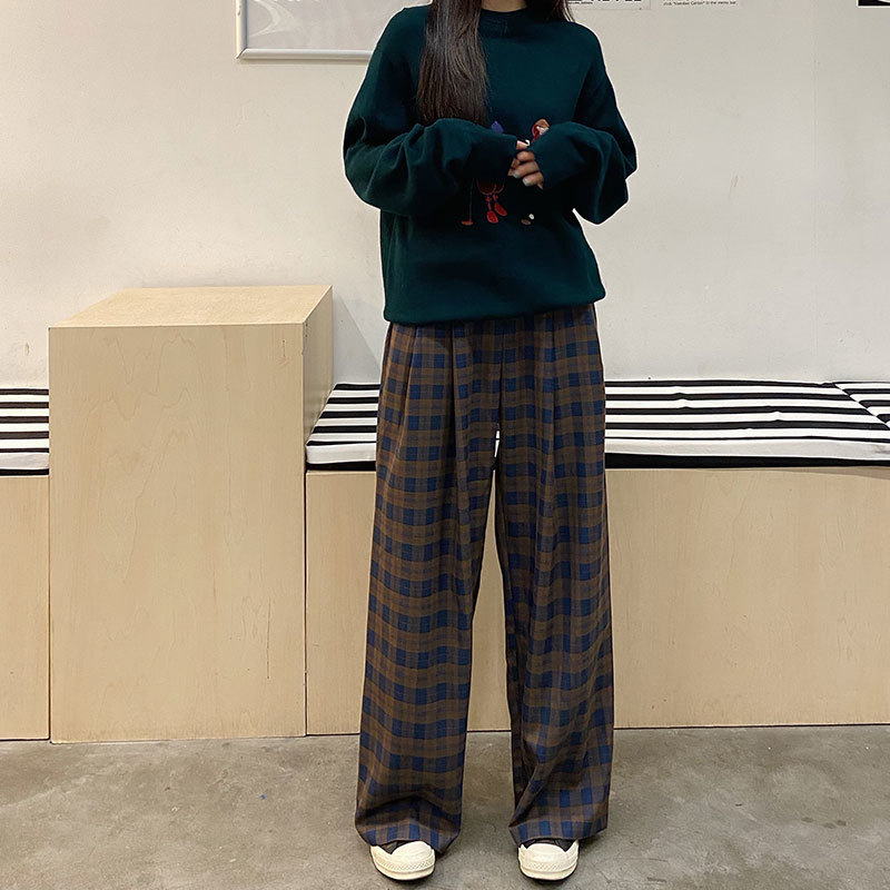 SML korean style plaid vintage straight trouser female autumn high waist long pants womens (X1615) 210423