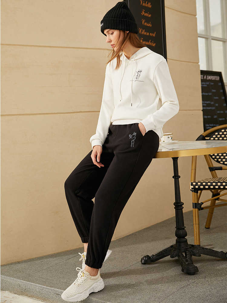 Minimalism Winter Women's Pants Causal Embroidery Elastic Waist Loose Fleece Thick Streetwear Femle Trousers 12030441 210527