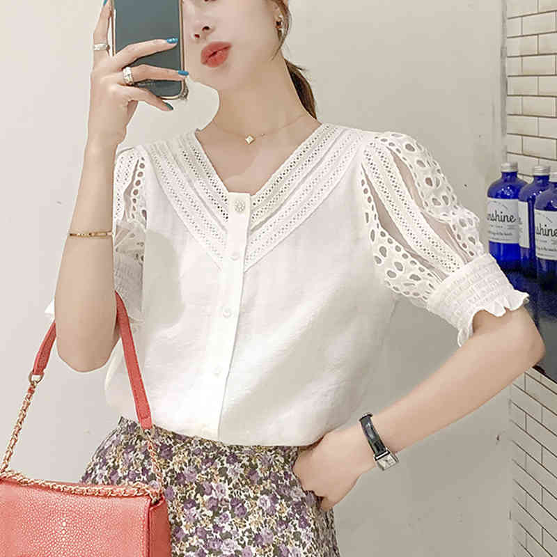 Blusas Mujer Summer V-neck Chiffon Shirt Casual Short Sleeve White Women Blouse And Tops Hollow Out Clothing 9556 210415