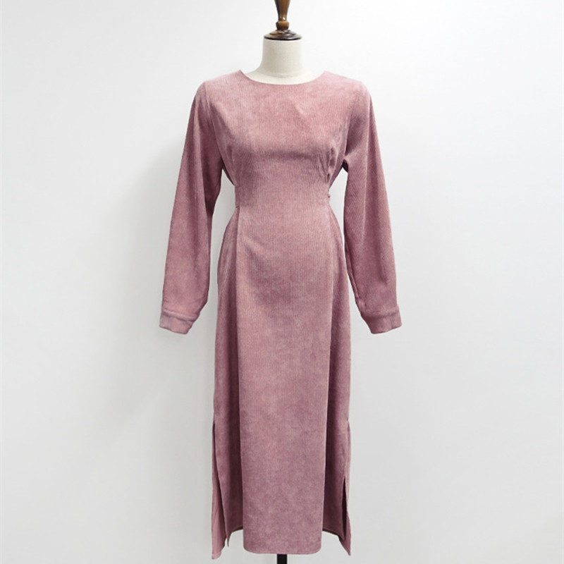 Winter Autumn Chic Minimalist Dress Women Vintage Elegant OL Work Wear Solid Lace-up Corduroy Maxi Dresses Vestidos 210421