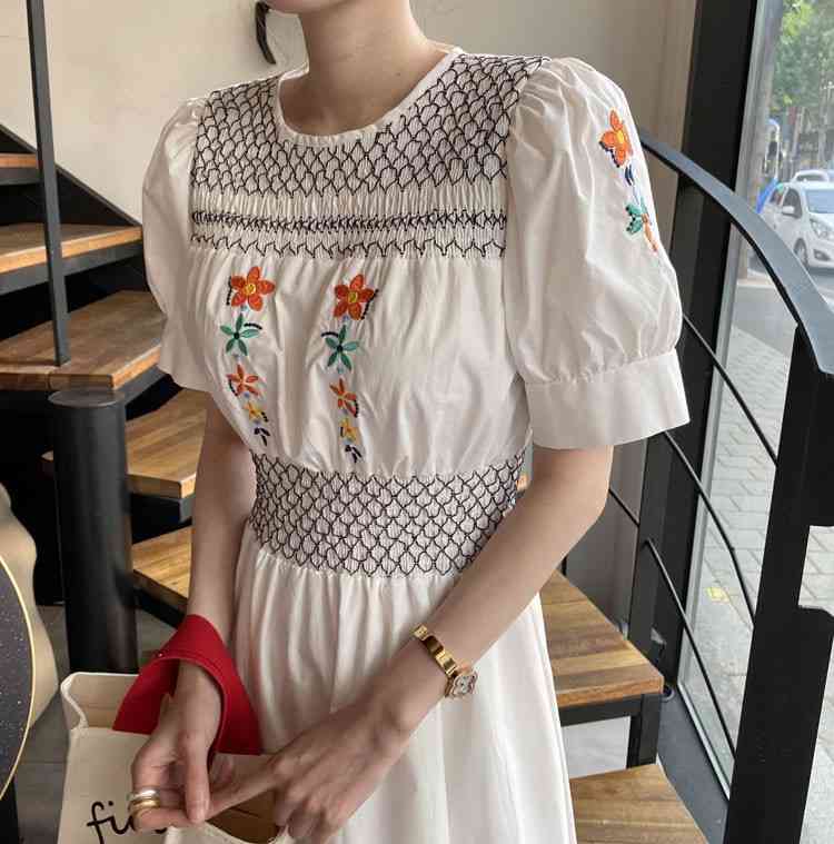 Summer Sweet O-Neck Floral Embroidery Party Dress Korean Elegant Vintage High Waist Chic Long Dress Vestidos 210518