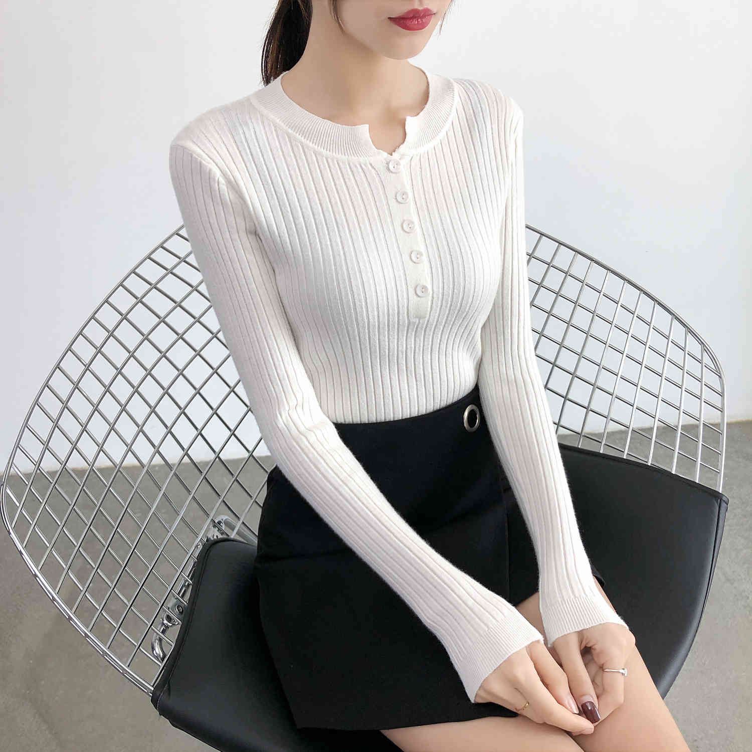 Winter Slim Elasticity Solid Round Neck Knitted Long Sleeve Women Shirts Autumn Sweaters Clothes Button 7577 50 210510