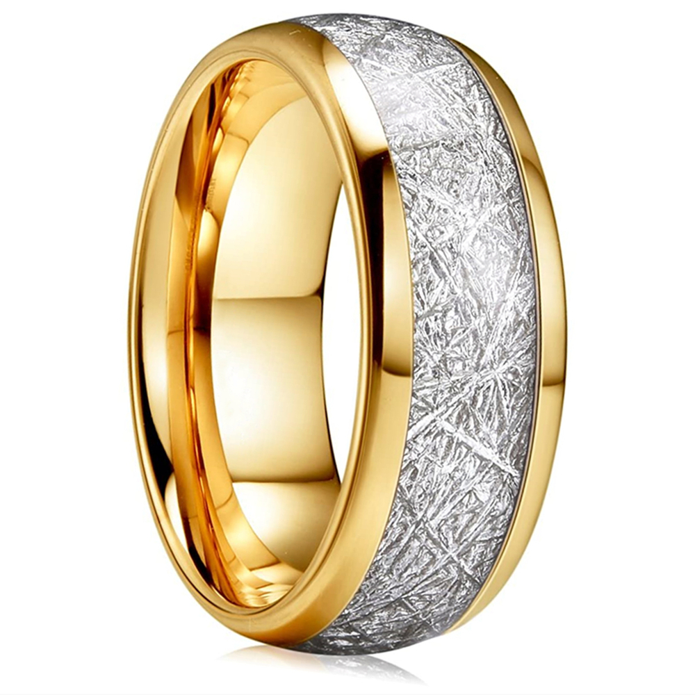Luxury Mens Jewelry Accessories 8mm Gold Tungsten Carbide Ring Inlay Silver Meteorite Pattern Wedding Band for Men