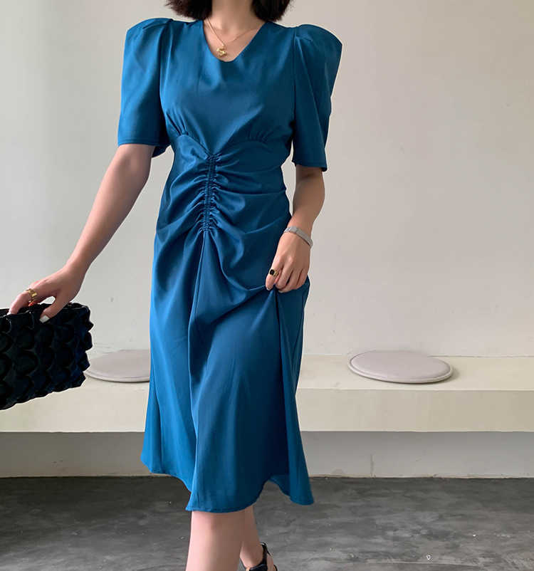Puff sleeve dress women summer style solid color V neck niche vintage French dresses office lady outfit 210608
