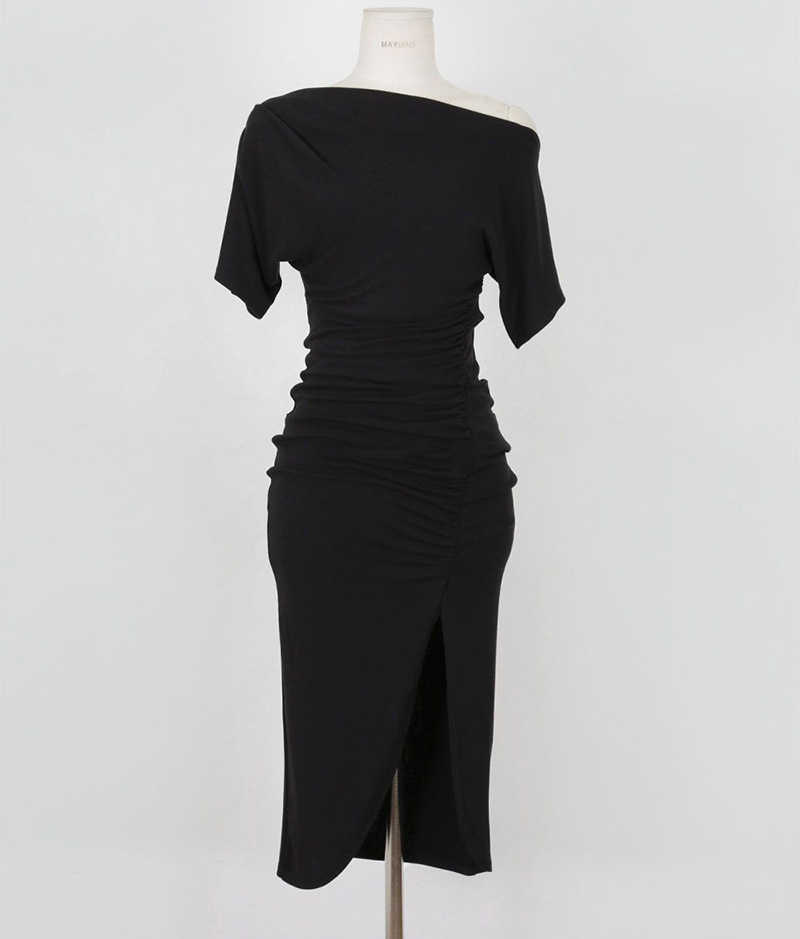 WOMENGAGA Korea summer sexy slim Strapless Diagonal collar fold show thin split long dress dresses robe maxi C0GH 210603