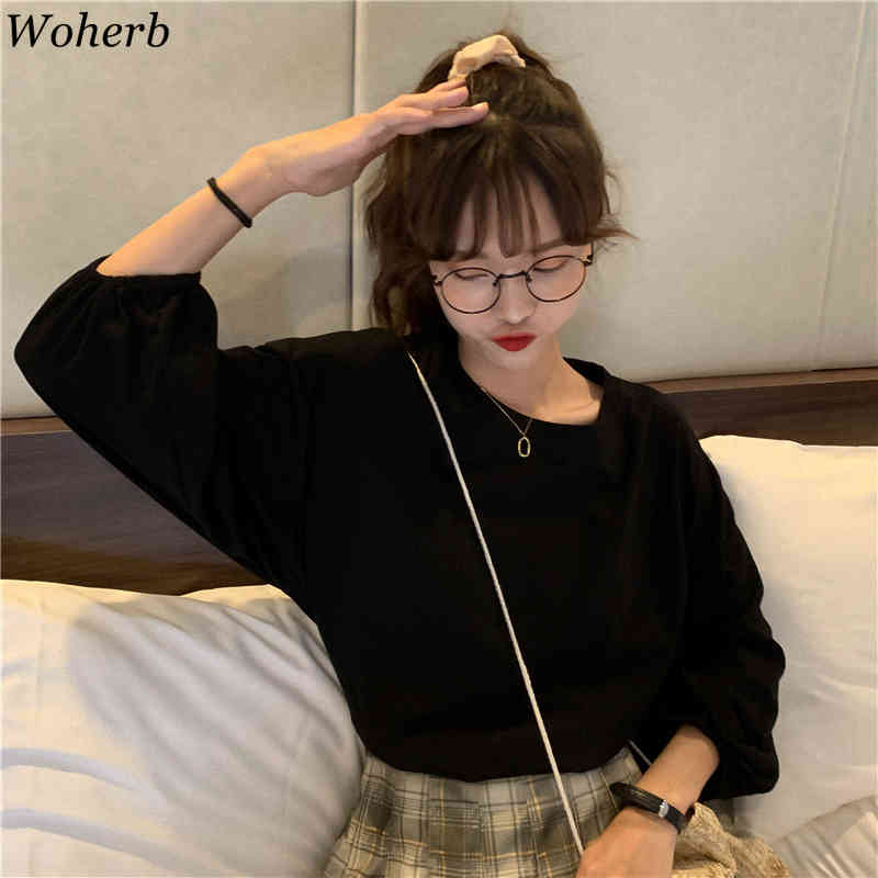 Long Lantern Sleeve T -shirt Women Crew Neck Causal Solid Shirts Spring Summer All Match Basic ops ee Femme 210519