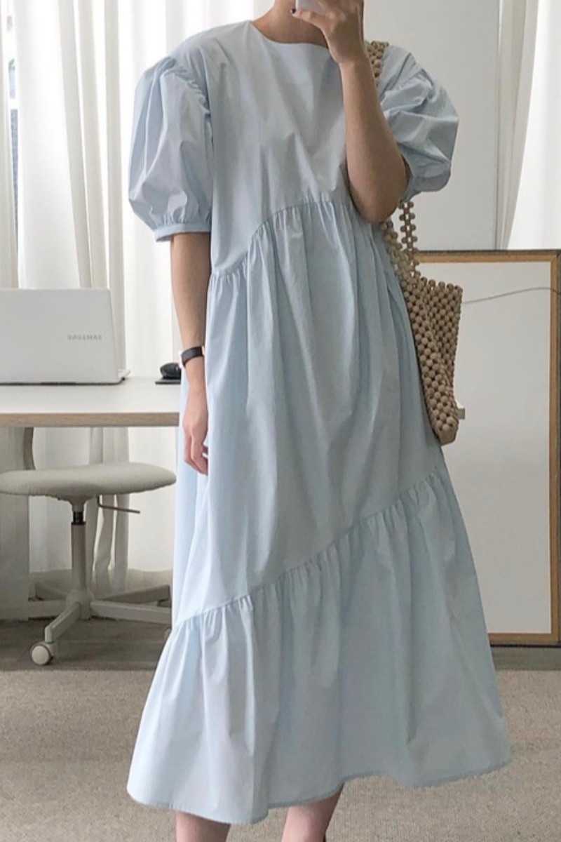 VANOVICH Korean Chic Summer Solid Color Loose Lotus Leaf Side Short Sleeve Dress Temperamental Long Women 210615Z