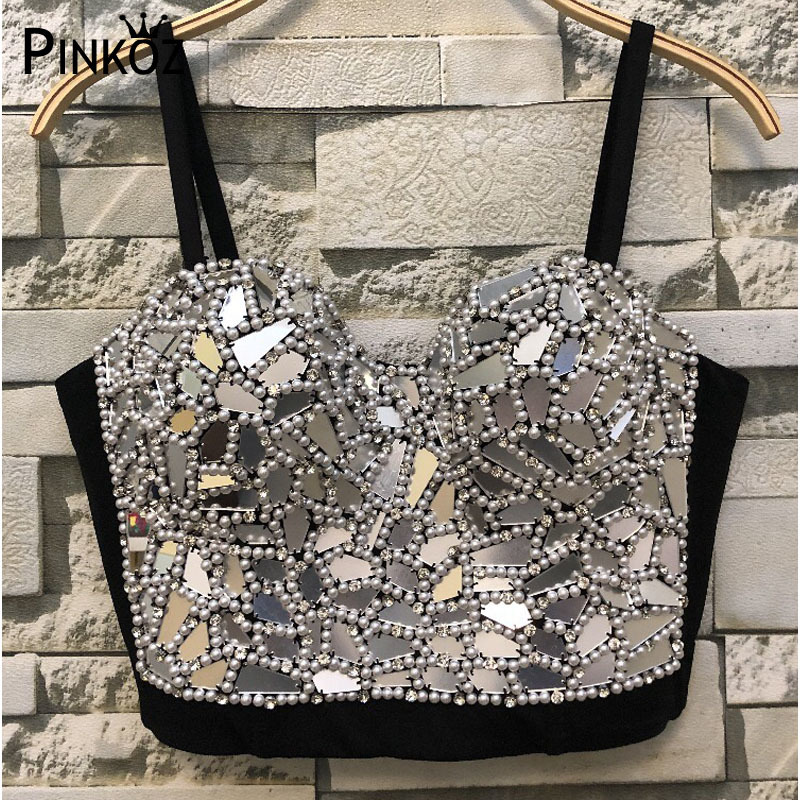 Rinestone Hand-made Pearls Bralet Women's Bustier Bra Cropped Top Wedding Bralette Vest Colorblock Plus Size 210421