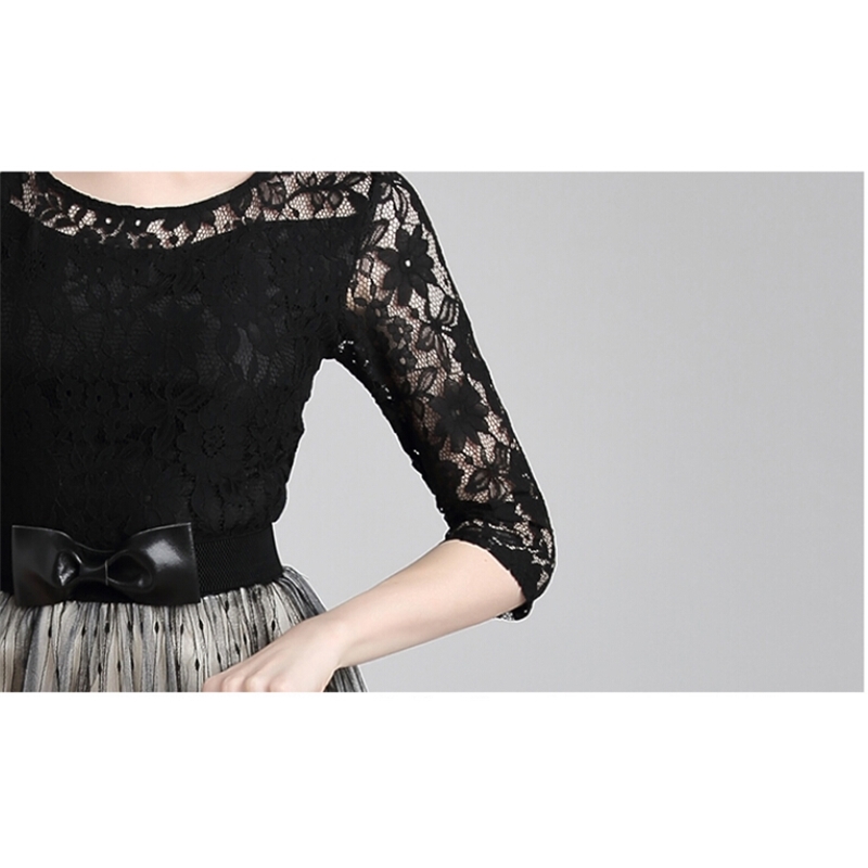 Fashion Spring Runway Black Patchwork Lace Dress Women's Gauze Dot Dresses Vestidos 210520