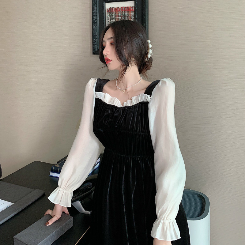 Black Vintage Dress Women Square Collar Long Sleeve Evening Party Retro Gothic Dress Female Dress Korean Autumn 210521