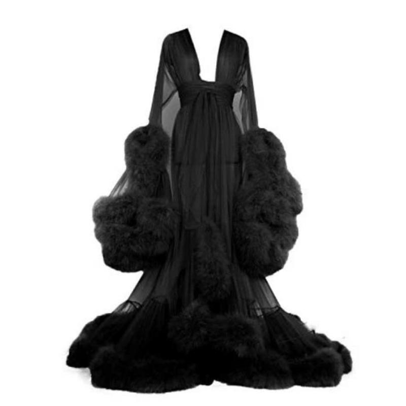Casual Dresses Women Sexy Mesh See Through Flare Sleeve Tailing Dress Feather Bridal Robe Ball Gown Night Elegant Prom Evening Party