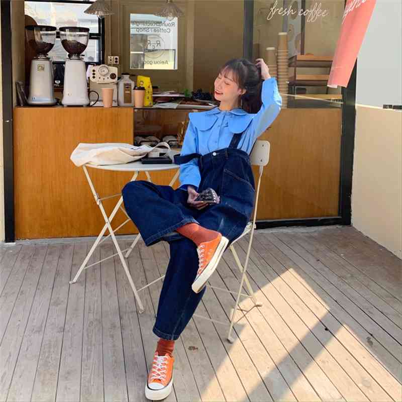 jeans womens autumn loose Blue wide leg pants trousers jumpsuit korean casual loose denim overalls womens (72732 210423