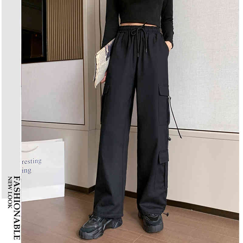 Big Pockets Cargo Women Waist Loose Streetwear Drawstring Trouser High Quality Pants B11206P 210416