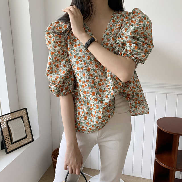 Korejpaa Women Shirt Summer Korea Chic Fresh Sweet Thin V-Neck Loose Casual All-Match Puff Sleeve Full Screen Flower Blouse 210526
