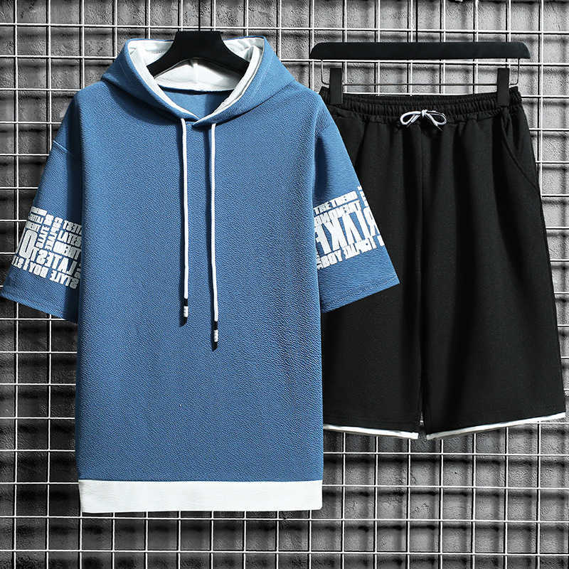 Summer Men Casual Sets Hooded Sweatshirt Harajuku Tracksuit Short Sleeve Print T-shirt+Shorts 2 PCS Jogging Male Sports Suit 210603