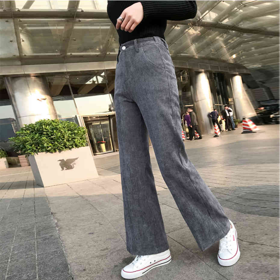 Corduroy Pants Wide Leg Elastic Waist Velvet Trouser Women Autumn Winter Plus Size Womens Pants Casual Pink Pants Black 210412