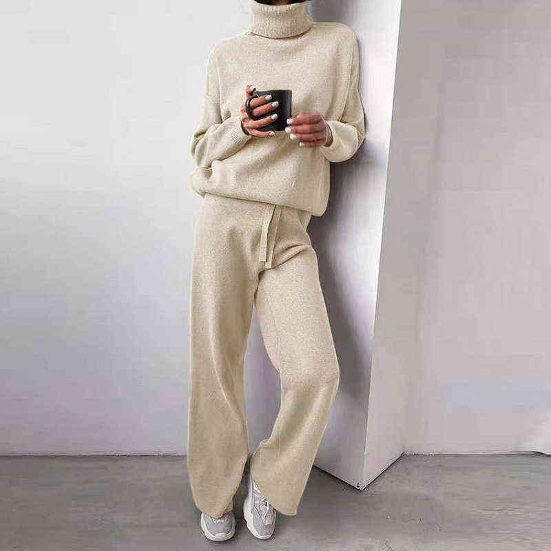 Warm Knitt Women Hoodie Sweatshirt Two Piece Set Autumn Pants Top 2PCS Outfits Female Solid Casual Sports Suits Sweatshirts 211116