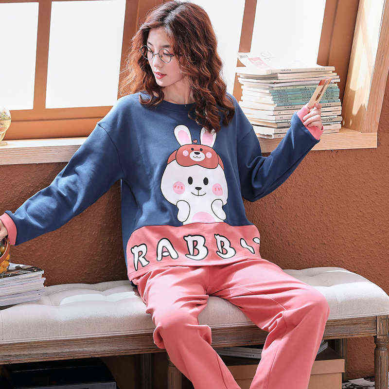 Autumn Cotton Cartoon Pajamas Set Women Pyjamas Sleepwear Loose Long sleeve Pijama Mujer Home Clothes Long Pants Night suit 2pcs 211109