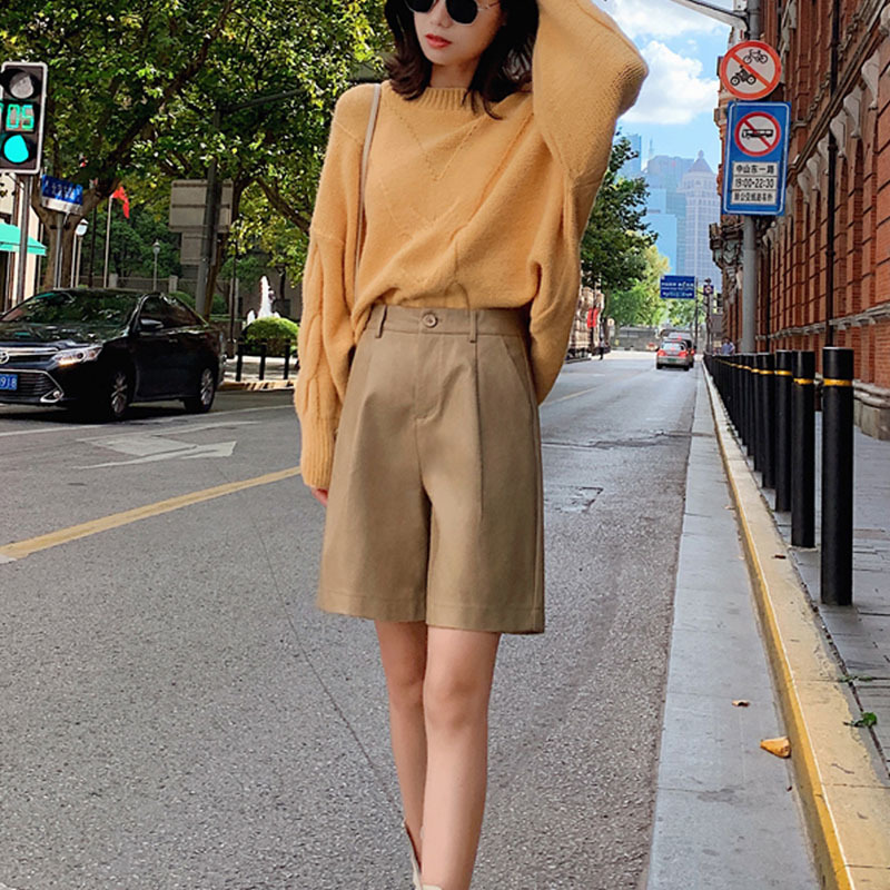 Summer Baggy Women Shorts High Waist Wide Leg Pants for Pu Leather 's Clothing 10995 210508