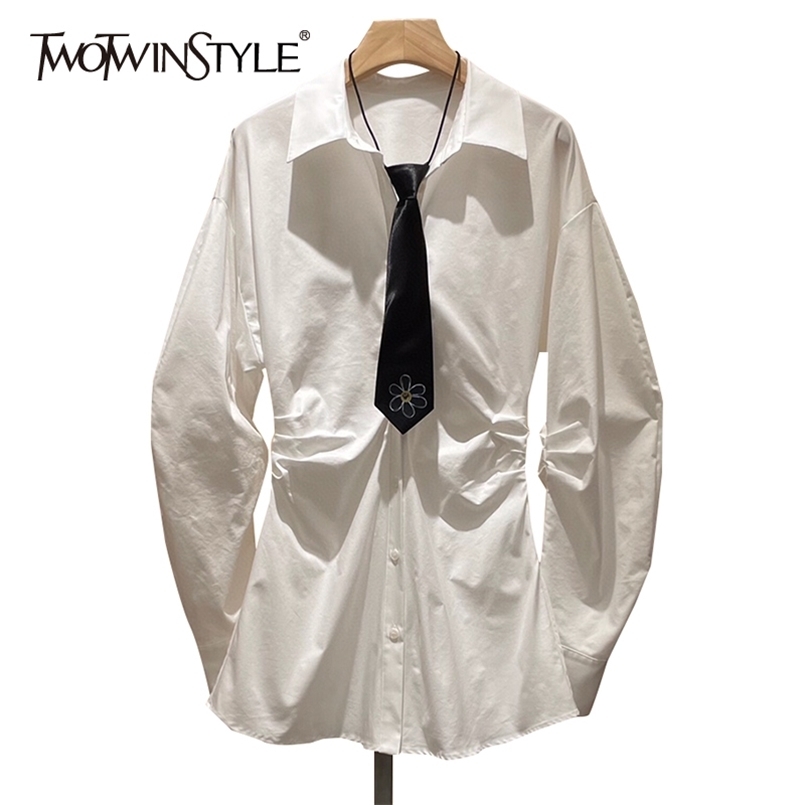White Ruched Shirt For Women Lapel Long Sleeve Minimalist Casual Shirts Female Fashion Clothing Spring 210524