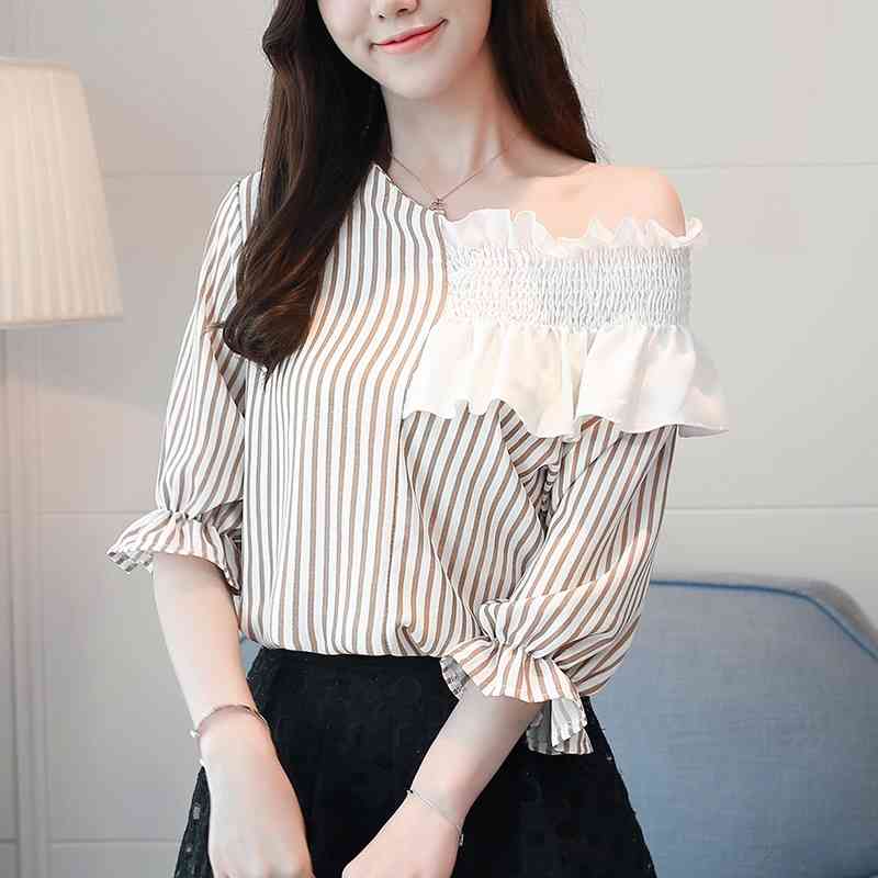 Summer Stripe Casual Women Blouse Shirt Plus Size Female Loose Slim Chiffon Shoulder Short Sleeve Tops 0641 40 210506