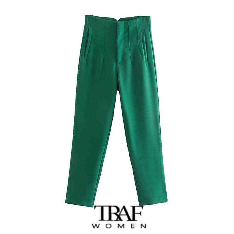 TRAF Za Women Chic Fashion With Seam Detail Office Wear Pants Vintage High Waist Zipper Fly Female Ankle Trousers Mujer 211115