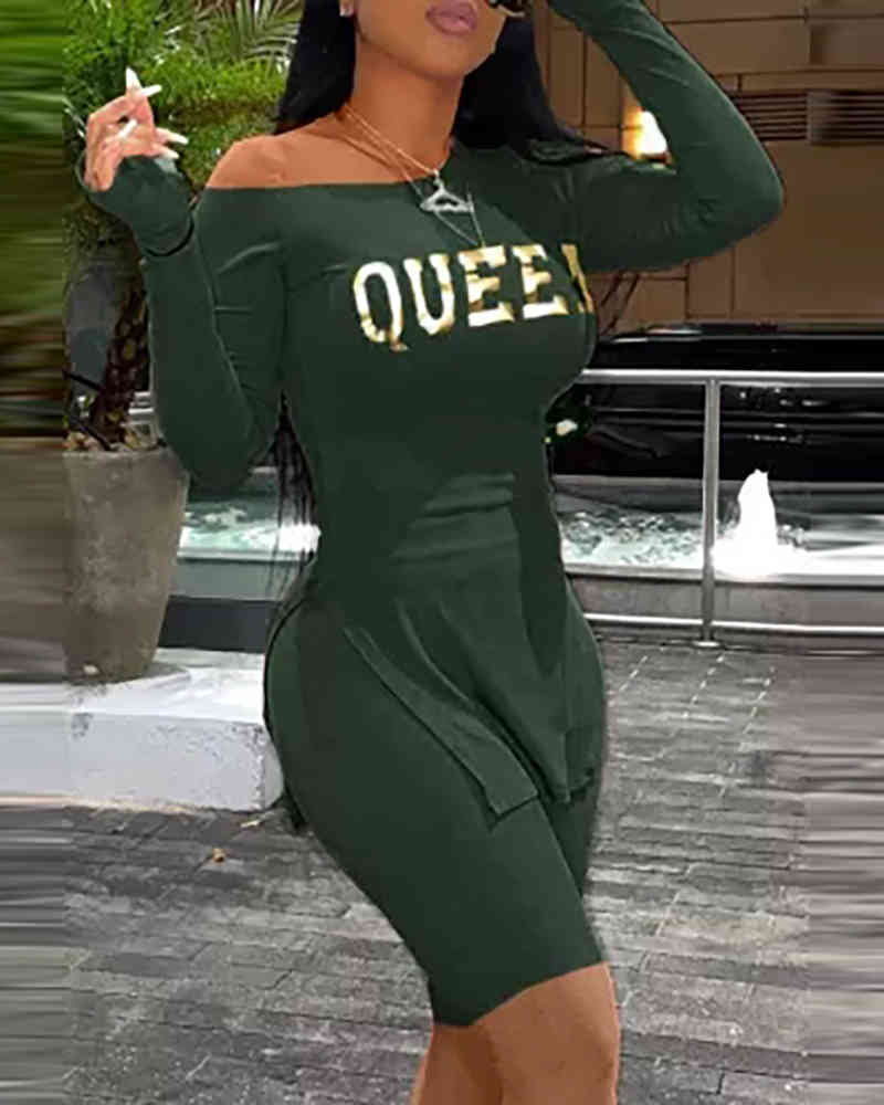 Summer Women Letter Print Top & Leggings Set New Female Slit One Shoulder Top & Sporty Shorts Set Ladies Casual Clothing 210415