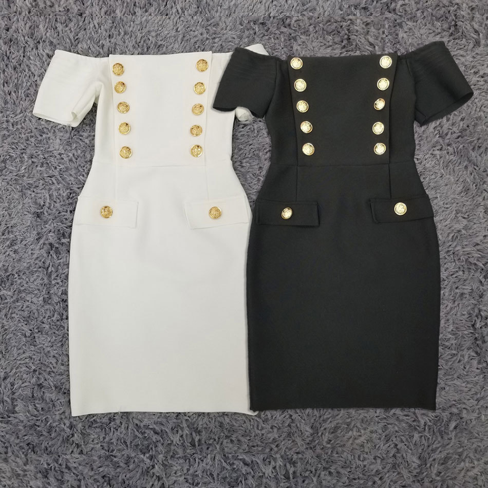 Free Sexy Off Shoulder Bandage Dress Women's Square Neck Short Sleeve White Bodycon Club Party Vestidos 210524