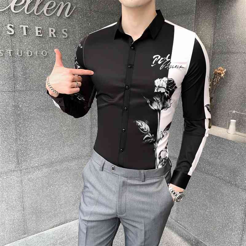 Fashion Patchwork Color Shirt Men Slim Fit Autumn New Long Sleeve Shirts Men All Match Digital Print Blouse Men Clothing 210410