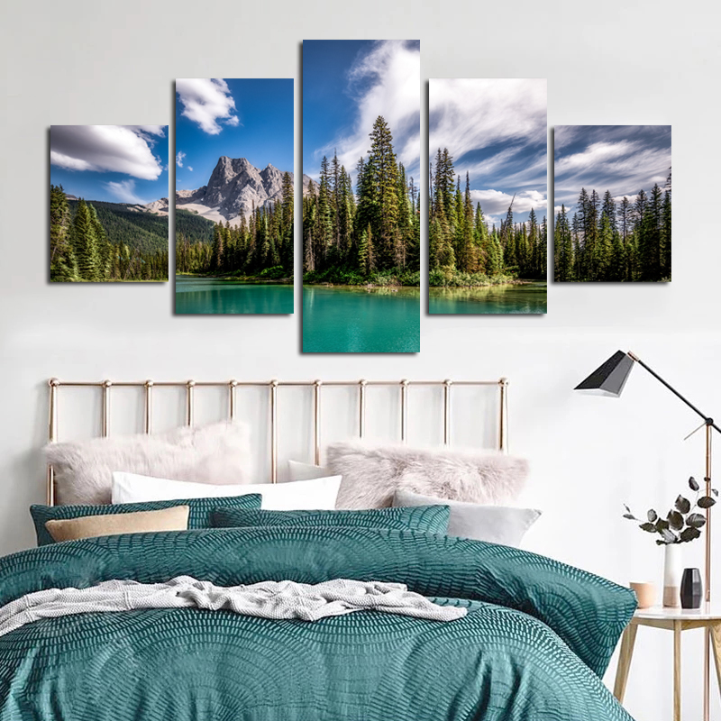 5 Pieces Mountain Lake Poster Canvas Painting Home Decor Wall Art Pictures For Living Room Sky Clouds Tree Indoor Decorations