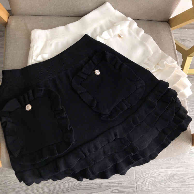 Sweet High-Waisted Ruffles Cake Skirts Vintage Summer Fashion Women's Knitting Mini Female 210519