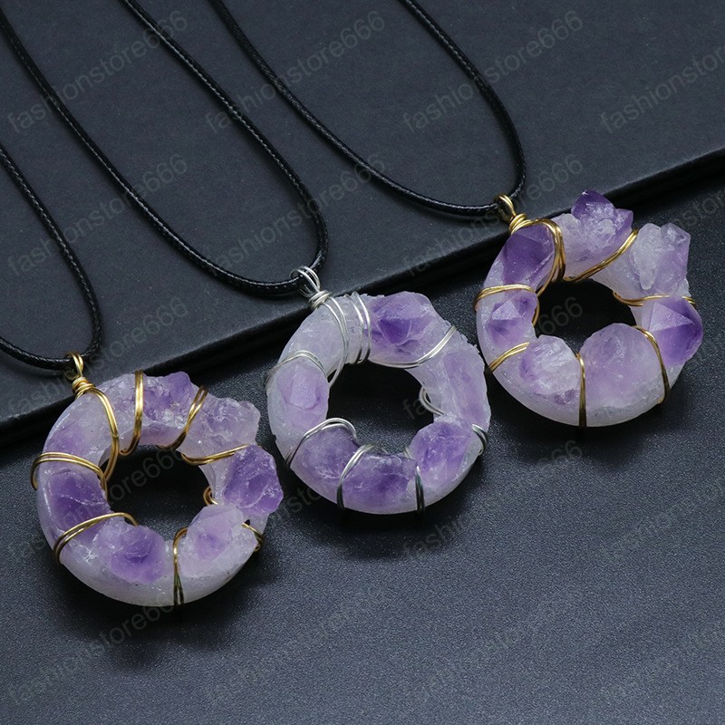 Wire Wrapped Natural Stone Amethyst Pendant Necklace 35mm Donut Pendant Irregular Healing Crystal Collar Necklaces for Women fashion jewelry