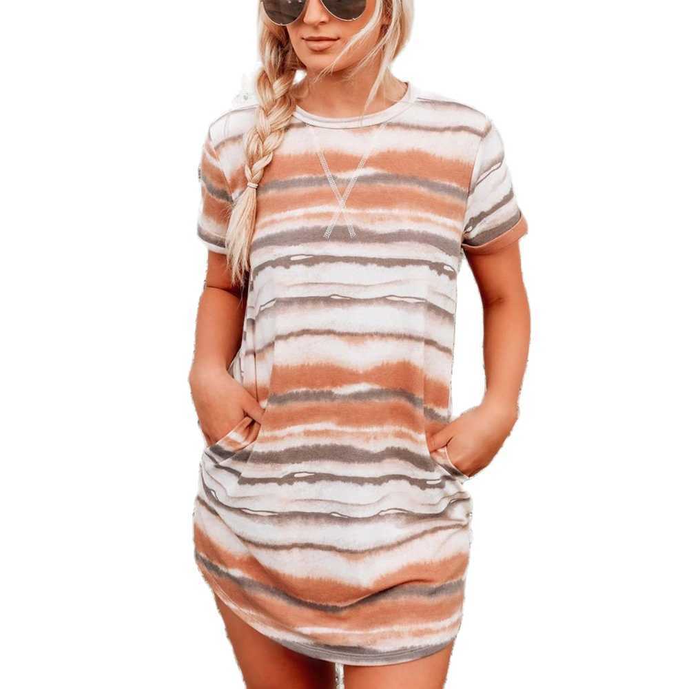 Women's Striped Tie Dye T-Shirt Dress Casual O Neck Short Sleeve Loose Straight Summer Dresses With Pockets Female Long Tee Tops 210526
