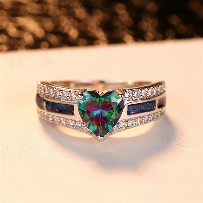 2021 Top Sell Brand Handmade Deluxe Jewelry 10KT White Gold Fill Heart Cut Opal CZ Diamond Gemstones Party Women Wedding Engagement Band Ring Gift Siz