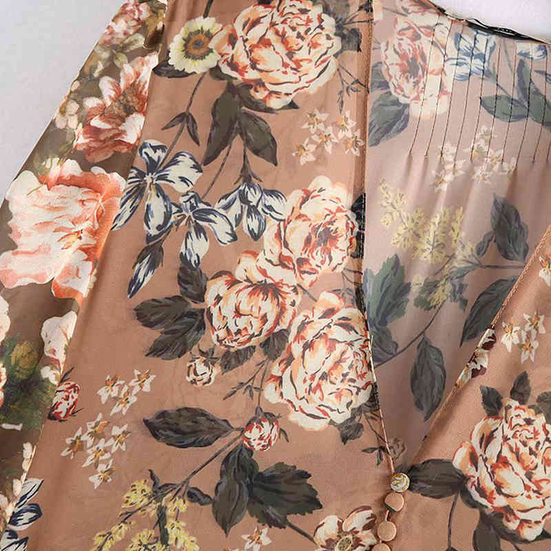 KPYTOMOA Women Chic Fashion Floral Print Chiffon Midi Dress Vintage V Neck See Through Sleeves Female Dresses Vestidos Mujer 210409