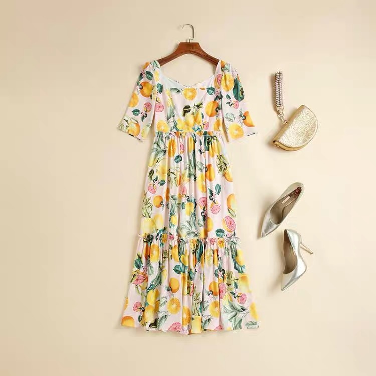 runway celebrity style summer holiday beach square collar short sleeve tropical lemon floral printed midi ruched dresses 210421