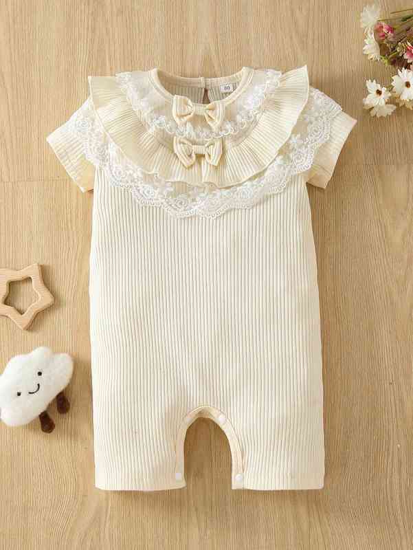 Baby Embroidery Mesh Ruffle Trim Bow Front Romper SHE