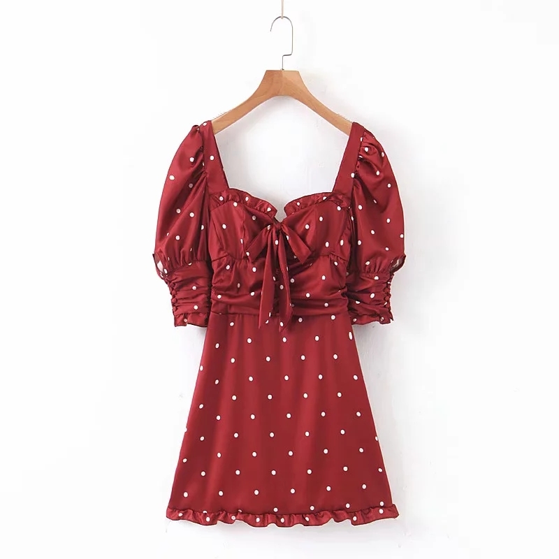 Vintage red polka dot satin dress women puff sleeve mini Sexy elegant chiffon club party es korean vestidos 210521