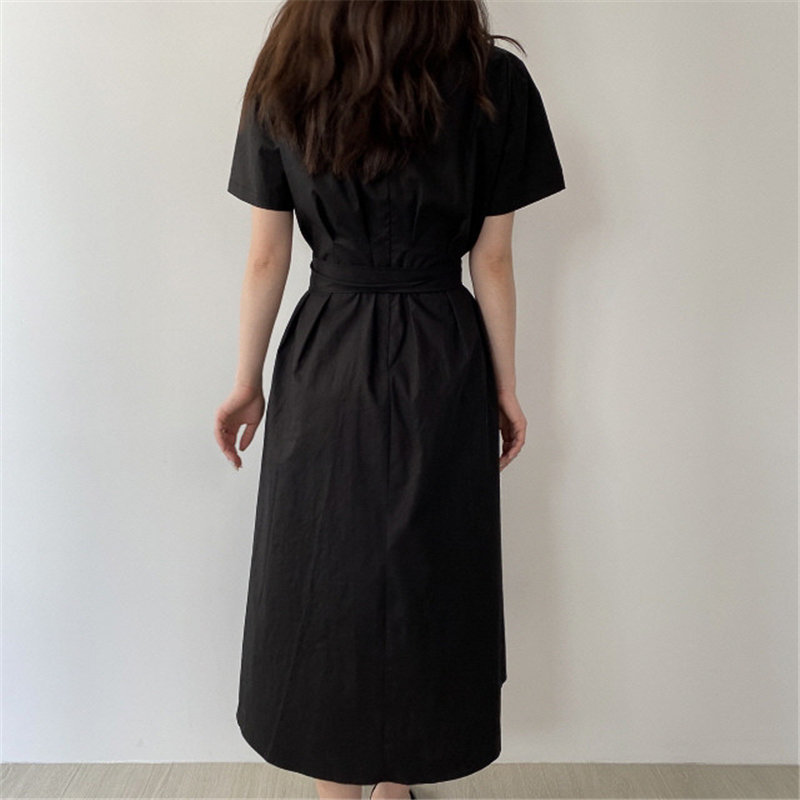 Summer Fresh Pleated Lace Up Thin Cotton Dress Minimalist Woman All Match Stylish Chic A-line Solid Dresses 210421