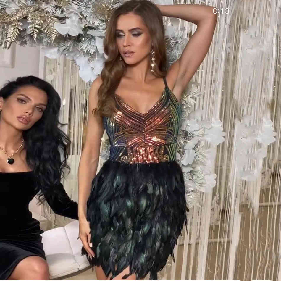 Free Summer Women Spaghetti Strap Black Feathers Dress Sexy V Neck Sequins Party Evening Celebrity Runway Dresses 210524