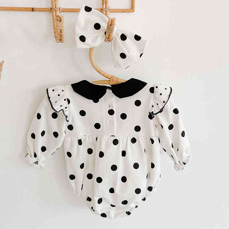 Spring Autumn Infant Baby Girls Rompers Clothes Bodysuit Dot Long Sleeve And Hair Band 210429