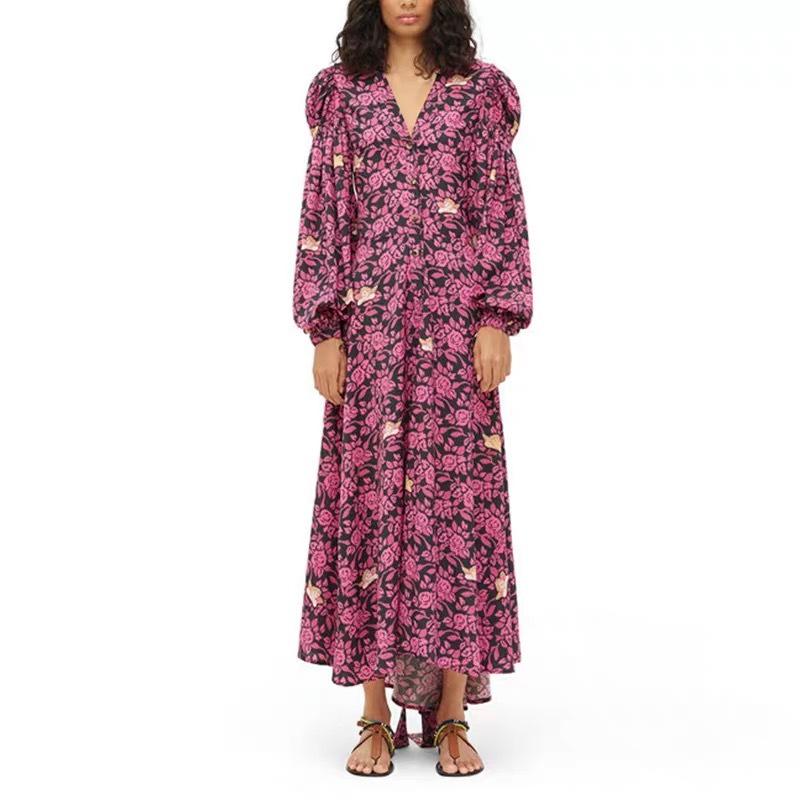 Vintage Print Dress Celebrity V-Neck Lantern Sleeve Bowknot Lace Up High Waist es Female Fashion Spring Autunm 210421