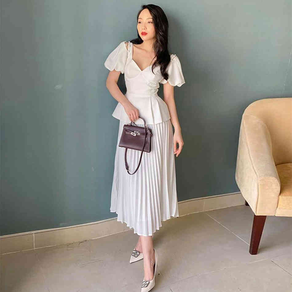 Summer Women White 2 Two Pieces Sets Sexy Short Sleeve V Neck Tops& Skirt Evening Club Party Casual Lady 210423