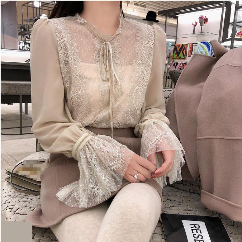 Spring Arrival Fairy Blusa Feminina Chiffon Shirt Bottoming Flare Sleeve Lace Blouse Sling Attached 210401