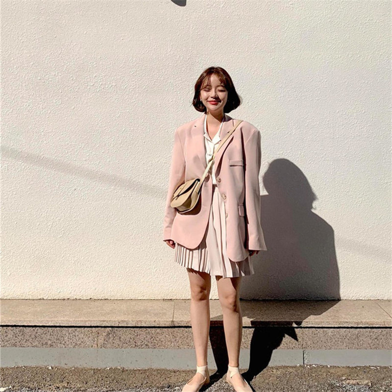 Gentle Pink Full Sleeves All Match Autumn Slender Chic Loose Plus Size Streetwear High Quality OL Women Blazers 210421