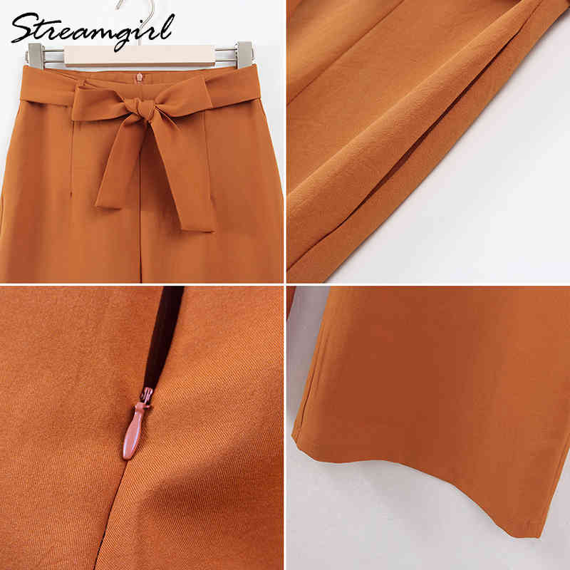 Ladies Wide Leg Pants Summer Women Trousers Women High Waist Capri Loose Belt Chiffon Casual Wide Leg Pants Plain Office 210421