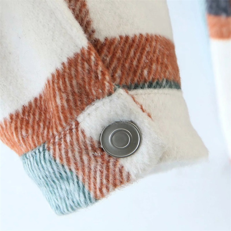 Vintage Stylish Orange And Green Plaid Jacket Coat Women Fashion Lapel Collar Long Sleeve Loose Outerwear Chic Tops 210520