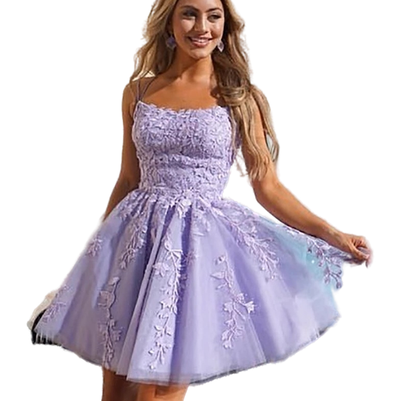 Short Lilac A Line Homecoming Dresses 2022 Above Knee Spaghetti Straps Prom Dress Sexy Backless Lace Appliques Sleeveless Tulle Mini Cocktail Party Go