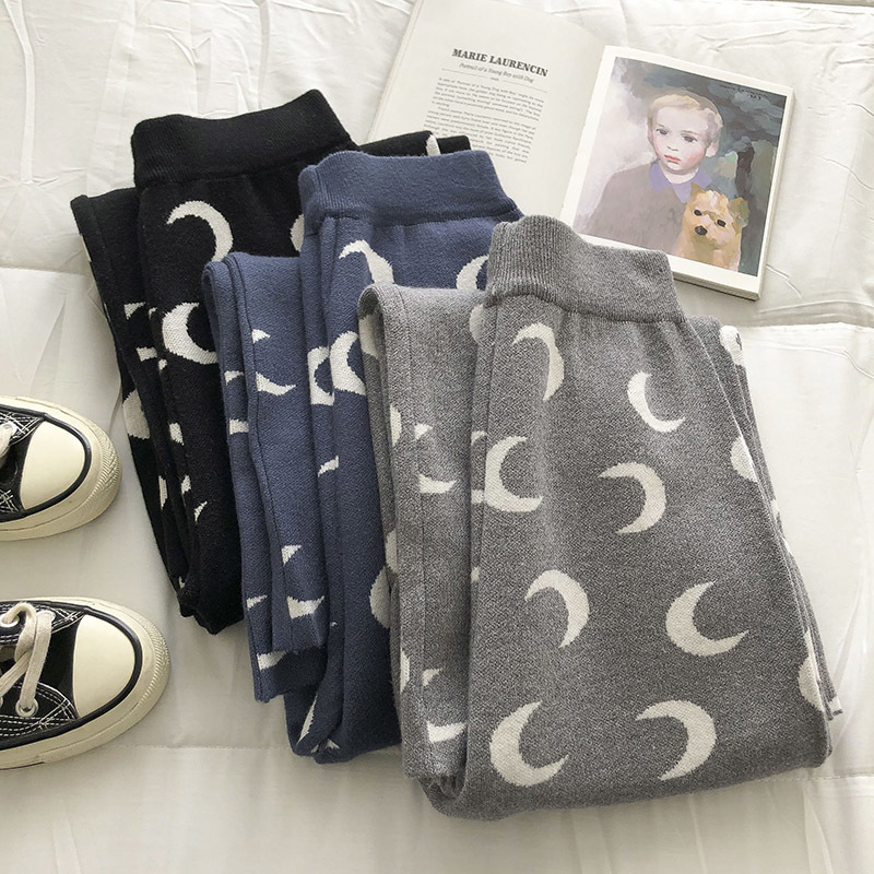 Nomikuma High Waist Knitted Women Pants Causal Korean Moon Printed Long Trousers New Fashion Sweater Wide Leg Pants 6E078 210427